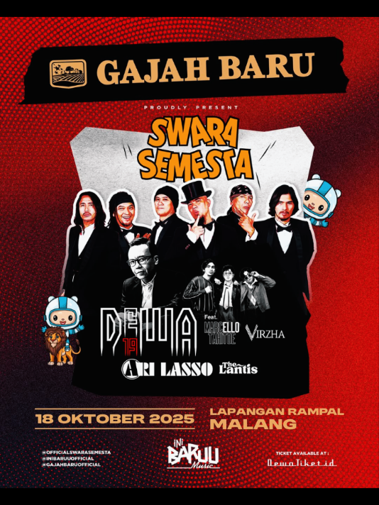 HALLO WARGA MALANG, BERSIAPLAH! Swara Semesta mendarat dengan formasi all star! ✅ officialdewa19 ✅ marcello_tahitoe ✅ virzhaofficial ✅ ari_lasso ✅ thelantis 18 Oktober 2025 Lapangan Rampal, Malang Siap untuk menyatukan swara dan semesta di kota Malang dan sekitarnya Arek Malang siapkan dirimu. . . #InfoEventJatim  #Konsermalang  #Eventmalang  #SwaraSemesta  #Dewa19 