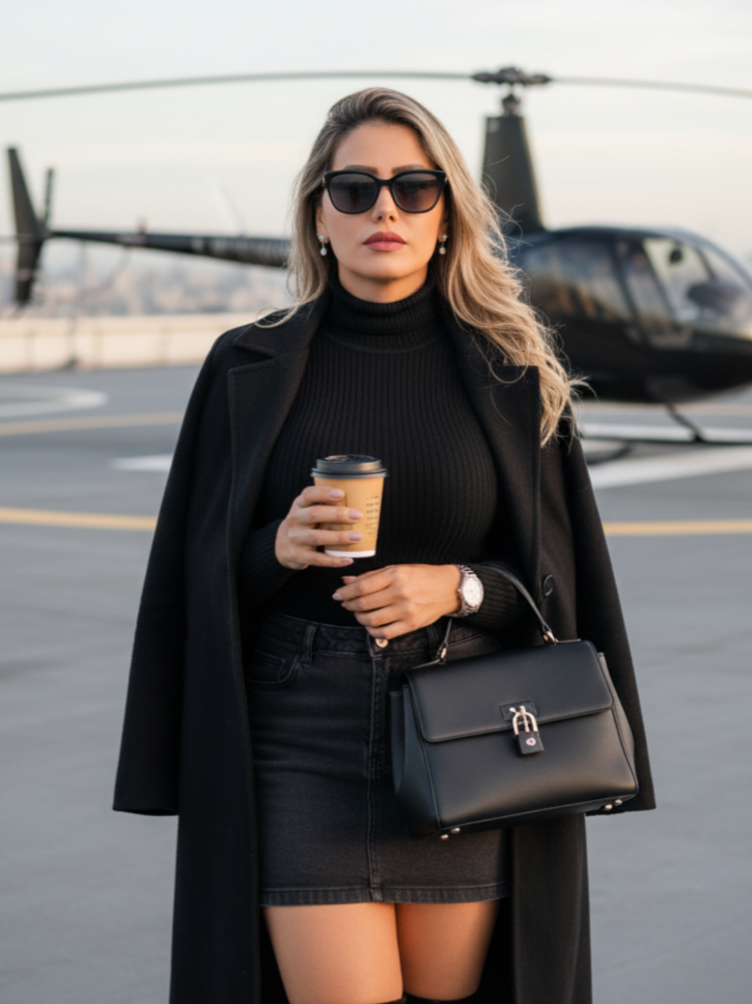 inspiração para gemini. prompts para Gemini. crie uma imagem minha. Esta é uma imagem que mostra uma mulher no que parece ser um terraço ou heliporto urbano, com um horizonte de cidade embaçado e um helicóptero preto em segundo plano. ​A mulher tem cabelos escuros e ondulados e está olhando diretamente para a câmera. ​Ela veste um conjunto predominantemente preto e elegante: ​Uma gola alta preta (ou suéter). ​Um casaco longo preto (sobretudo), que chega aproximadamente aos joelhos. ​Uma minissaia de ganga (jeans) escura, quase preta ou cinza muito escuro. ​Botas over-the-knee (acima do joelho) pretas de camurça ou material semelhante. ​Ela está segurando: ​Um copo descartável com uma bebida na mão direita (possivelmente café ou chá). ​Uma mala de mão estruturada preta com fecho de aba e cadeado na mão esquerda. ​A mulher também usa: ​Um relógio de pulso prateado ou metálico no braço esquerdo. ​Brincos pequenos e pendentes. ​A pose é confiante e o ambiente sugere uma atmosfera sofisticada e urbana. #amazing #photography #gemini #music #cr7 