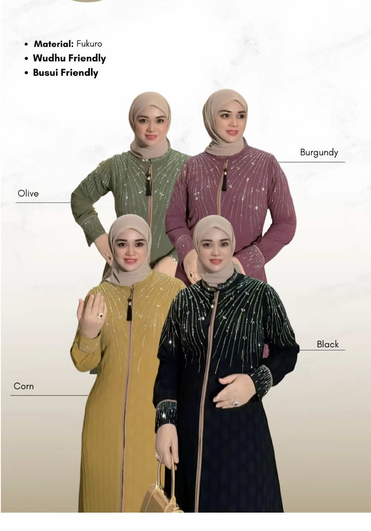ELEGANCE IN EVERY COLOR — SHAZZA DRESS Kalau elegan punya banyak sisi, mungkin bentuknya kayak ini 💫 Shazza Dress, bahan Fukuro premium yang lembut banget dan jatuhnya anggun di badan. Pilihan warnanya pun manis semua: • Black  • Olive  • Corn  • Burgundy  Ukuran tersedia M, L, XL — panjang 140 cm. ✨ Stock-nya terbatas banget, teh! Warna favorit kamu bisa aja habis duluan, jadi buruan amankan sekarang 💫 #fyp ##nazwaabaya #abaya #abayastyle #fyppppppppppppppppppppppp 