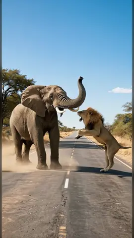 Safari Showdown: Elephant and Lion Face Off on the Open Road! #Wildlife #Safari #Elephant #Lions