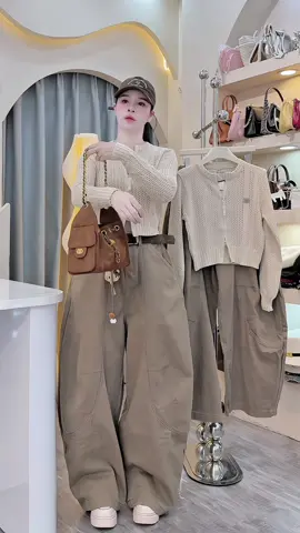 Áo Len Lưới Cổ Tròn Dáng Croptop Phối Quần Suông #setdonu #setdothudong #thoitrangnu #xuhuong 