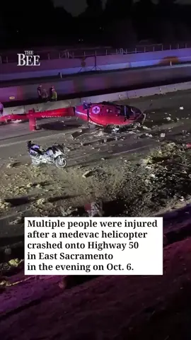 Three people were critically injured Monday, Oct. 6 after a medevac helicopter crashed onto freeway lanes of Highway 50 in East Sacramento. The Airbus H130 helicopter, operated by Reach Air Medical Services, went down just before 7:10 p.m. west of 59th Street, prompting a large emergency response and a full closure of the freeway. Westbound traffic resumed minutes later, but eastbound lanes were expected to remain closed through the night. To read more, check out sacbee.com. ✍️: Ishani Desai 📷️: Paul Kitagaki Jr. #breakingnews #crash #helicopter #sacramento #california