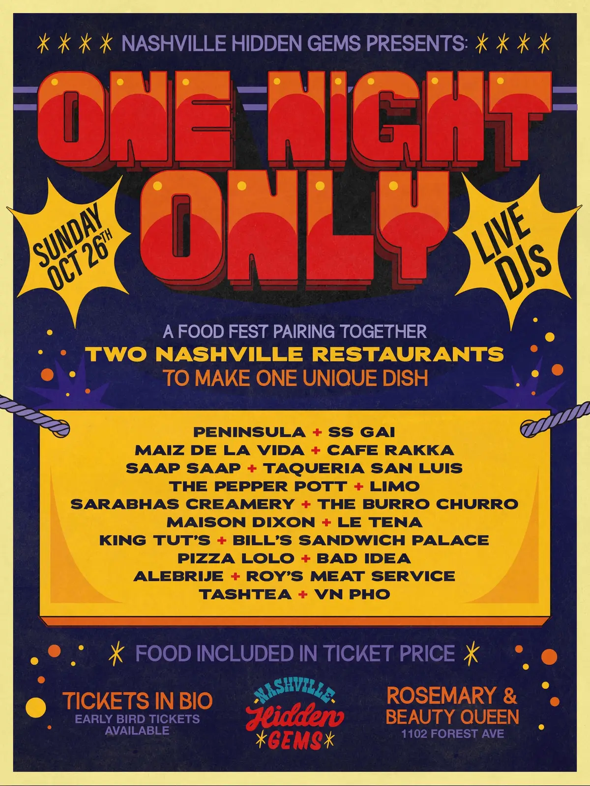 Throwing a food festival at @Rosemary & Beauty Queen with all my favorite people 🤎 One Night Only is a concept I had to bring together different restaurants from across Nashville under one event, pairing them up to make one dish each.  I wanted the lineup to be representative of everything I love about the food scene here. You’ll find a mix of talented young chefs getting Nashville national recognition alongside some of my favorite neighborhood mom & pops.   My goal when curating this lineup was that someone who has no idea who I am would see all the amazing vendors and want to attend.  Each ticket gives you a tasting from all ten vendor collaborations — one dish from every pair.  This is an all-inclusive experience, so there won’t be individual items for sale (besides drinks).  21+