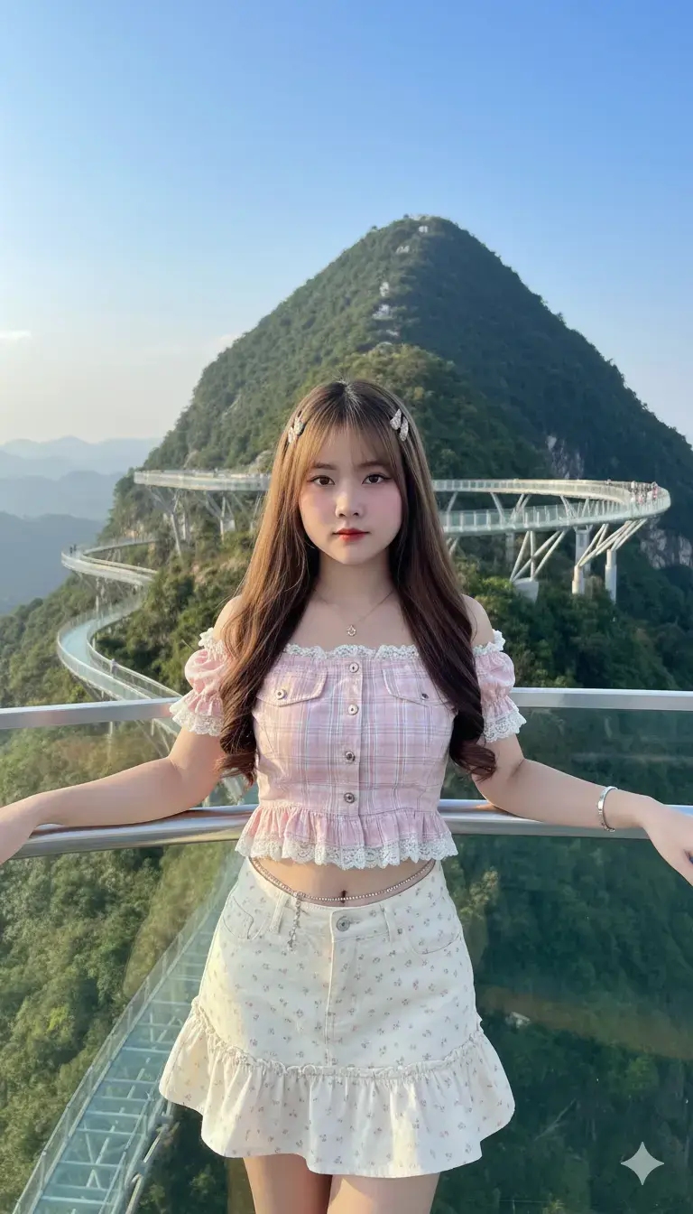 สร้างภาพหญิงสาวหน้าเหมือน100% ผมยาวตรงดัดลอนตรงปลาย สีผมสีน้ำตาลผิวขาวเนียน การแต่งตัว: เสื้อยีนส์เกาะอกลายสก๊อตชมพู-ขาวสีอ่อน แต่งขอบด้วยลูกไม้สีขาว มีชายระบายเป็นชั้นๆบานลายสก๊อตชมพู-ขาวอ่อน ตรงช่วงเอวเสื้อเอวลอยเห็นสะดื้อเล็กน้อย รูปทรงเสื้อเข้ารูปช่วงหน้าอก เธอสวมใส่กระโปรงยีนส์สีครีมลายดอกไม้เล็กๆที่เข้ากับชุด ติดกิ๊ฟเข้ากับชุดใส่จี้เล็กๆน่ารักๆไว้ตรงคอ มีโซ่สแตนเลสคาดหน้าท้องตรงช่วงสะดื้อจี้ดาว สร้อยข้อมือสแตนเลสที่ดูเข้ากับสายคาดหน้าท้อง ยืนโพสท่าบนพังราวกันบนสกายวอล์ค ที่มองเห็นวิวสะพานสกายวอล์คเป็นโค้งซึ่งติดกับภูเขามีเห็นวิวได้อย่างสวยงาม เป็นภาพครึ่งตัว ชัด8k