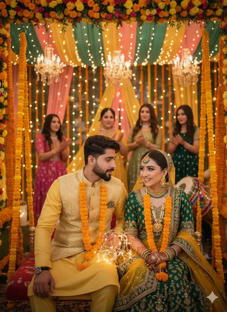 Prompt: Face must remain 100% identical to the reference Uge, no changes in features or identity. -realistic 8k G Cinematic portrait of a young Pakistani couple at their Mehndi function. The groom wears an elegant yellow kurta with a stylish half-blazer and a fresh marigold garland, leaning slighty forward near glowing fairy, dreamy ey gazing intot the g bride wears a traditional distance Beside him, emerald green and mustard yellow lehenga with golden embroidery, dupatta over her head, heavy jewelry shining, mehndi on her hands, also wearing a marigold garland, smiling warmly at him. Background: Traditional Pakistani Mehndi night-decorated swing (jhoola) covered with marigold fowers and fairy lights, guests dapping and Singn bridesmaids in coordinated dresses dancing. playing dhol, decorated dhol near the groom, venue filled with marigold hangings, fairy light strings, and colorful drapes in orange, pink, green, and gold. Purely traditional vibe, no modern preps. Camera: Canon EOS R5, 50mm f/1.2 lens, cinematic shallow depth of field, golden warm tones, glowing fairy light bokeh, slightly low-angle, ultra-detailed fabrics, jewelry, and skin. #unfrezzmyaccount #prompt #viral #foryoupage #gemini 