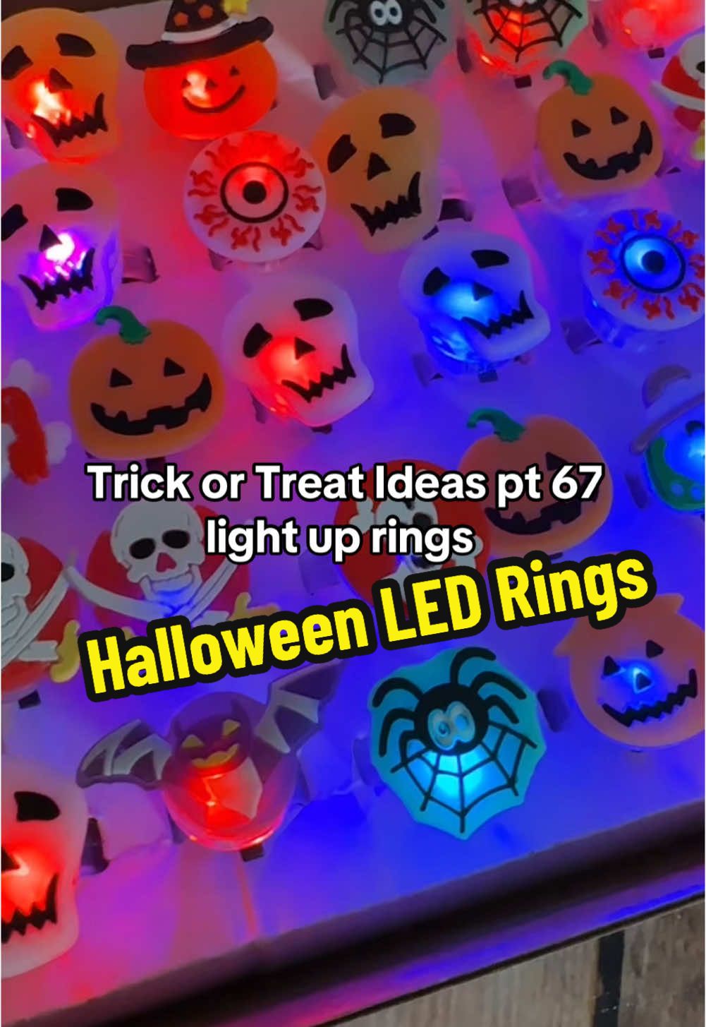 More trick or treat ideas that aren’t candy! LED rings are perfect trick or treat instead of candy. These little rings light up making kids easy to see in the dark. #trickortreatideas #halloweenrings #halloweentoys #tiktokshopfalldealsforyou #ledrings 
