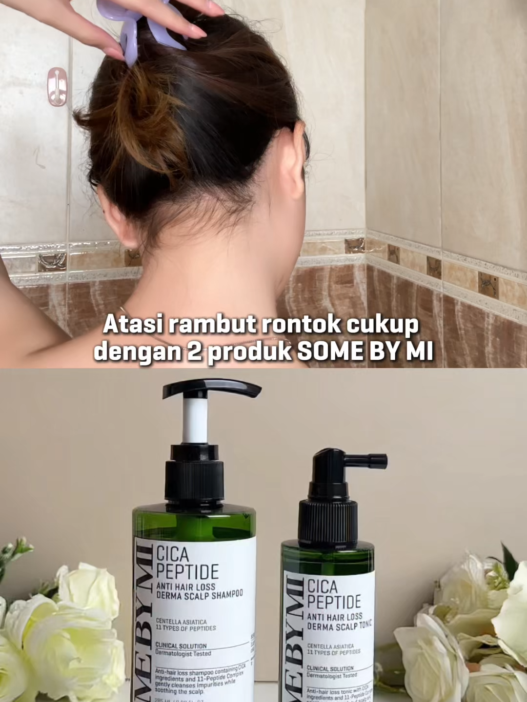 🌱 Anti-hair loss routine cukup 2 produk aja! Pake Some By Mi Cica Peptide Anti-Hair Loss Shampoo + Hair Tonic ✨ Bikin rambut lebih kuat, fresh, & bye-bye rontok 💆🏻‍♀️ #CicaPeptideShampoo #SomeByMi #AntiHairLoss #HairCareRoutine