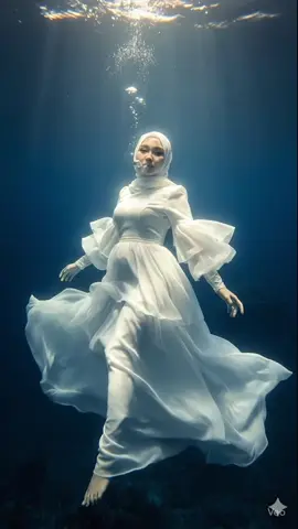 Wildflower🖤 Prompt : Edit foto ini menjadi foto realistis. Seorang wanita, jatuh anggun kedalam samudra biru gelap yang luas, tubuh sedikit miring, lengan rileks, kaki sedikit di tekuk dengan cara feminim yang elegan. Gelembung-gelembung kecil udara keluar dari mulutnya. Ia mengenakan dress maxi panjang bewarna putih dengan lengan panjang siluet lengan balon berbahan sutra yang lembut namun berlapis dan tidak transparan, roknya mengembang dan berlapis menciptakan siluet yang indah di air. Memakai hijab putih yang serasi. Pencahayaan surealis, sinematik dengan sinar cahaya yang menyaring dari atas, menekankan kedalaman tak terbatas dan misteris samudra di sekelilingnya. Jangan ubah wajah. #aigenerated #trendtiktok #gemini #viral #aistudio 