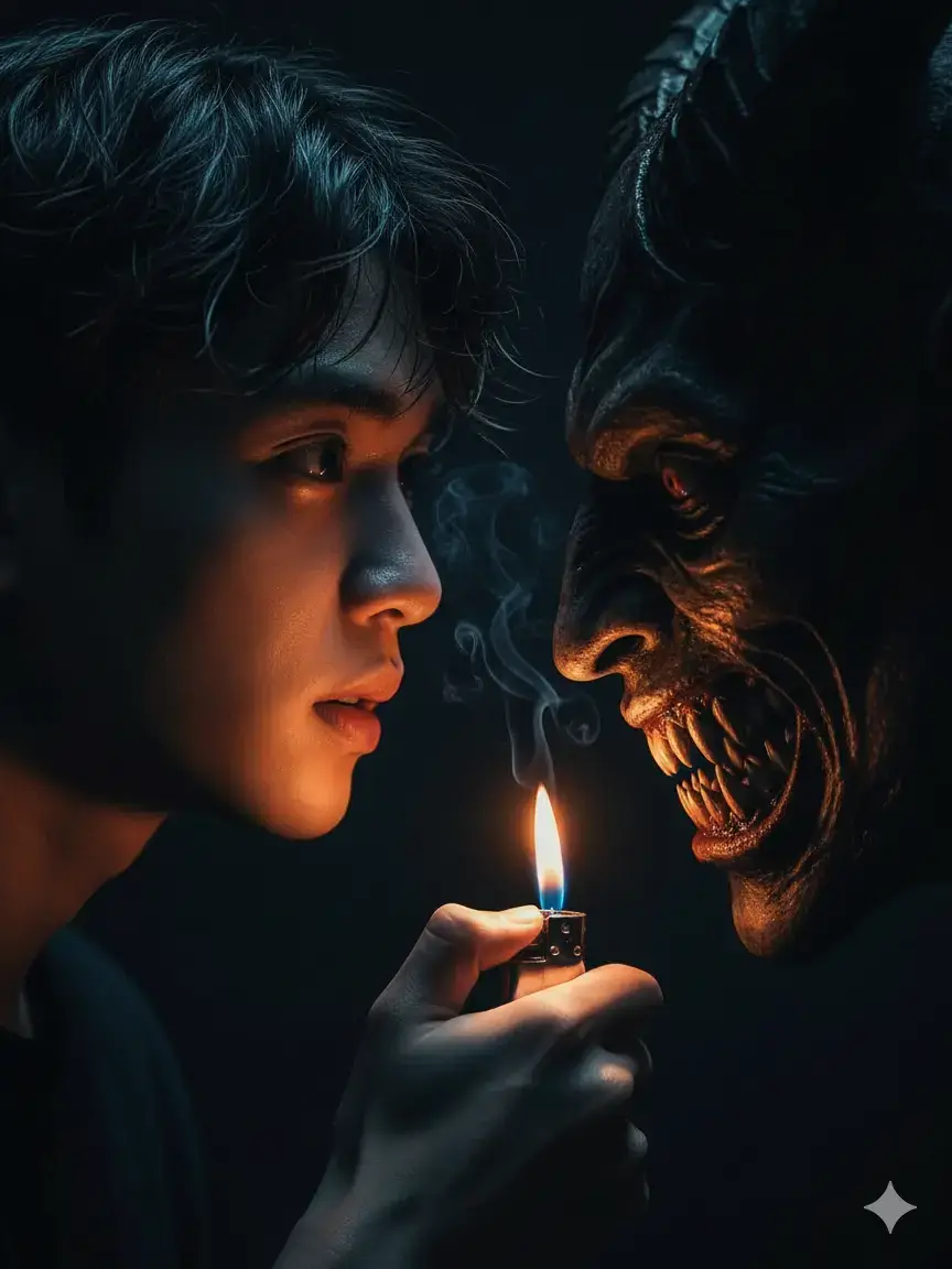 1.Masuk ke Google 2.Masuk ke Gemini ai 3.Masukan Foto kalian 4.Masukan Prompt ini : Hyper-realistic 8K editorial portrait — a surreal gothic portrait of me (based on the uploaded reference photo), with exact preservation of my facial features and hair. Cinematic horror portrait: the person in the image is turned in profile, holding a lit lighter close to their face; the flame casts a dramatic orange-blue glow on the sweat-dampened skin. Smoke rises from the lighter’s flame. Their expression is tense and frightened, eyes staring straight ahead. Opposite the person’s face, very close, is the face of a terrifying demon, also turned in profile and locking eyes with the person, half-hidden in the shadows. The demon is partially illuminated by the orange light of the lighter. Cinematic composition, dramatic contrast, eerie atmosphere, ultra-detailed lighting, 8K resolution. #aiimage #aiimagegenerator #geminiai 