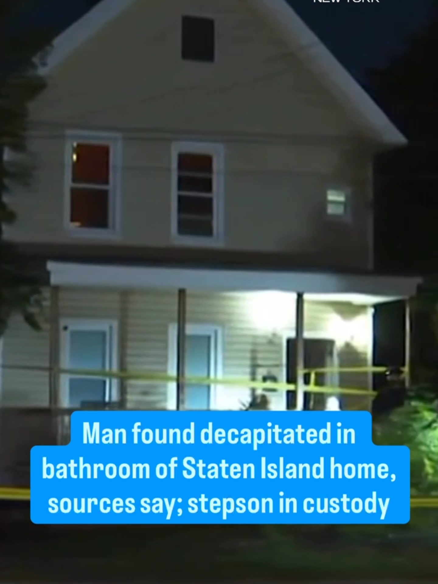 A 45-year-old man was found decapitated in the bathroom of a Staten Island home, and his teenage stepson has been taken into custody in connection with the grisly killing, according to police sources. A family member walked into the home in West Brighton and found trails of blood in rooms throughout the house, police sources said. She then saw the decapitated victim in the bathtub. A knife was still in the victim's neck when police arrived at the scene. A 19-year-old was taken into custody and was awaiting charges. He is said to be the victim's stepson and has a history of mental illness, his mother stated. Police have not yet identified the person of interest. 🎙: @checkeynbcny #statenisland #nbc4ny #nyc