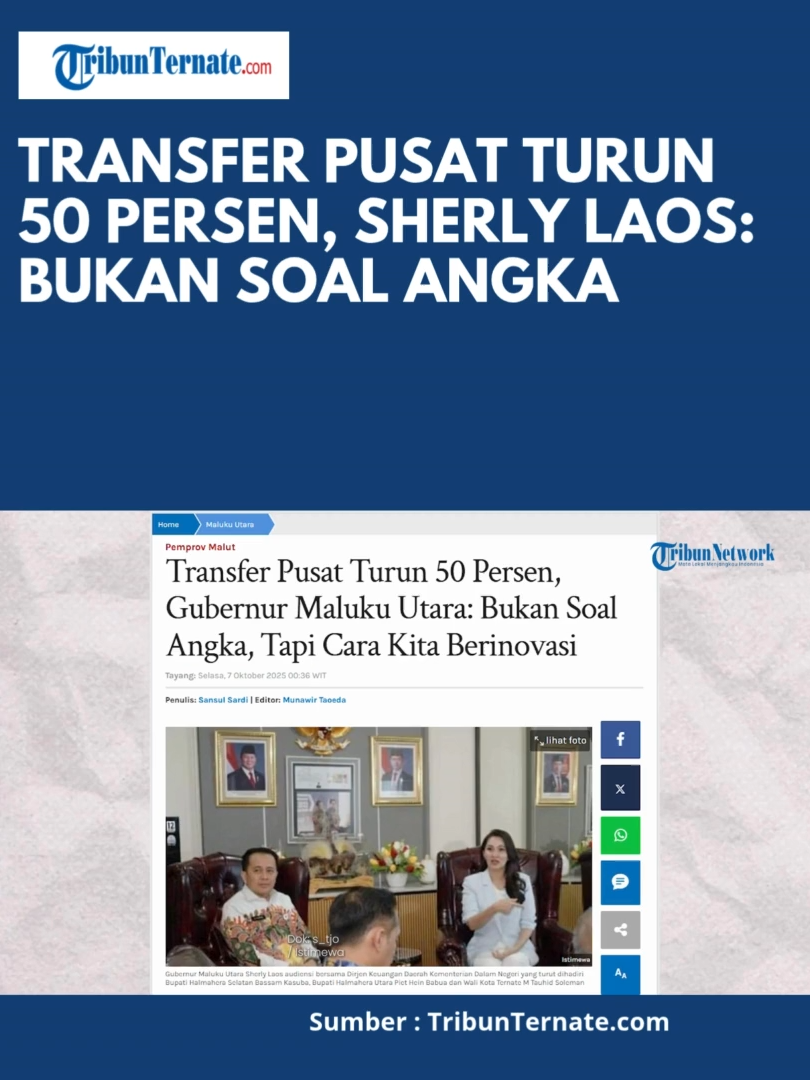Gubernur Maluku Utara Sherly Laos menegaskan bahwa penurunan dana transfer pusat bukan alasan bagi daerah untuk berhenti berinovasi. Menurutnya, perubahan kebijakan fiskal harus dijadikan momentum untuk memperkuat koordinasi dan membangun sistem kerja yang lebih adaptif. Hal itu disampaikannya usai melakukan audiensi bersama Dirjen Keuangan Daerah Kementerian Dalam Negeri, yang turut dihadiri Bupati Halmahera Selatan Bassam Kasuba, Bupati Halmahera Utara Piet Hein Babua dan Wali Kota Ternate M Tauhid Soleman. #inovasi #gubernur #malukuutara #sherlylaos