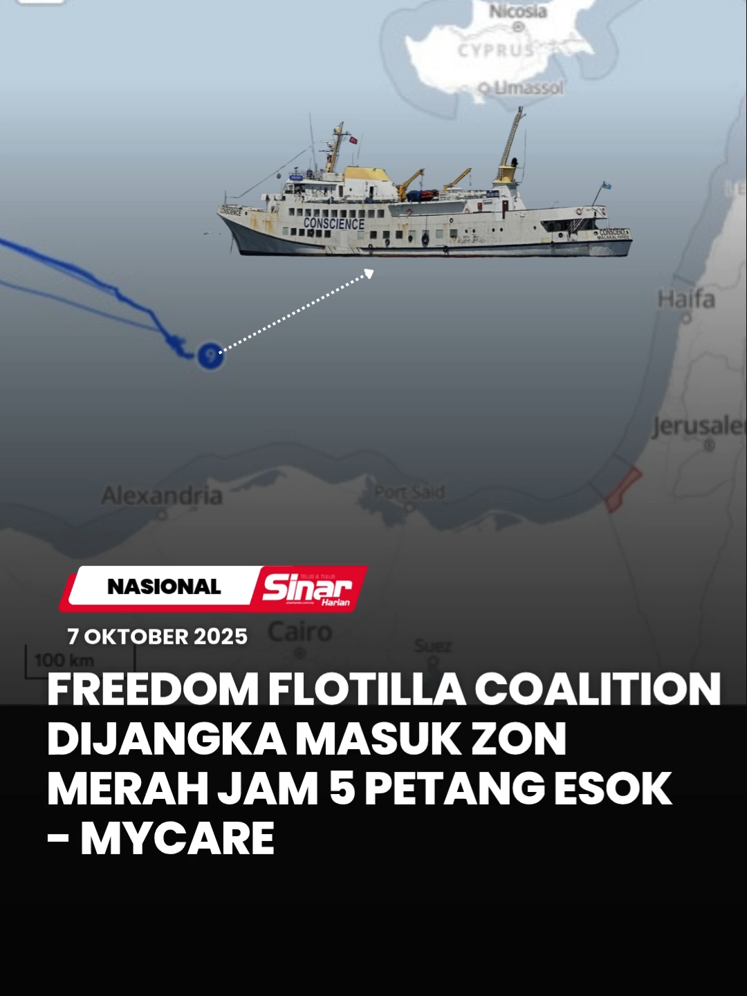 Misi kemanusiaan Freedom Flotilla Coalition (FFC) yang kini dalam pelayaran ke Gaza dijangka memasuki zon merah pada 5 petang Rabu waktu Malaysia. Ketua Pegawai Eksekutif Humanitarian Care Malaysia (MyCARE), Kamarul Zaman Shaharul Anwar berkata, sasaran itu ditetapkan bagi membolehkan misi membabitkan sembilan kapal termasuk kapal utama Conscience dan kapal pelayaran Umm Saad, tiba di Gaza sebelum Jumaat. Anda boleh baca berita penuh di portal Sinar Harian di www.sinarharian.com.my atau swipe up di IG story serta jangan lupa follow IG @sinarharian untuk berita terkini dalam dan luar negara. #SinarHarian #SinarTerkini #FreedomFlotillaCoalation #MisiKemanusiaanGaza #MyCARE #Gaza