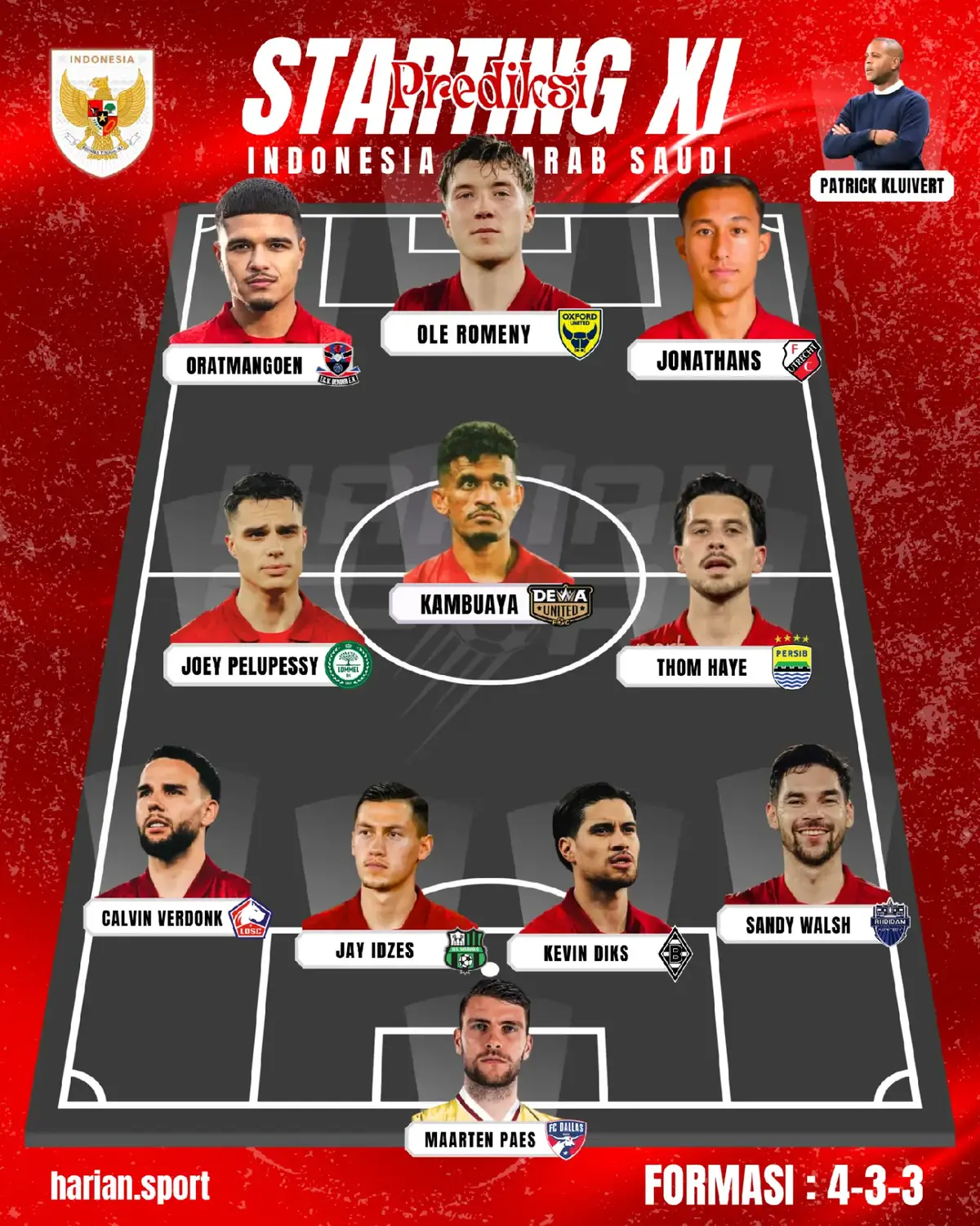 STARTING LINE UP (PREDIKSI) TIMNAS INDONESIA🇮🇩 VS ARAB SAUDI🇸🇦 Kemungkinan Patrick Kluivert memainkan formasi 4-3-3. Dengan 4 Bek dibelakang, Kolaborasi antara Jay Idzes dan Kevin Diks, sedangkan Calvin Verdonk dan Sandy Walsh bisa jadi trobosan membatu sisi sayap, dan dilini tengah diisi oleh Thom Haye dan Joey Pelupessy untuk menjadi otak serangan dan mengatur ritme permainan Timnas Indonesia, Lini serang diisi oleh Ragnar, Miliano dan Ole romeny. diharapkan kedua sayap bisa menjadi daya dobrak untuk mengalirkan bola ke Ole romeny, dan diharapkan Ole bisa mengeksekusi bola ke gawang. 🦅🇮🇩 Starting line up versi harian.sport ⚽ Kalau versi kalian gimana sobat ? tulis dikolom komentar👉🏻 #fypシ゚ #timnasindonesia #garudaindonesia #indonesia🇮🇩 #hariansport 