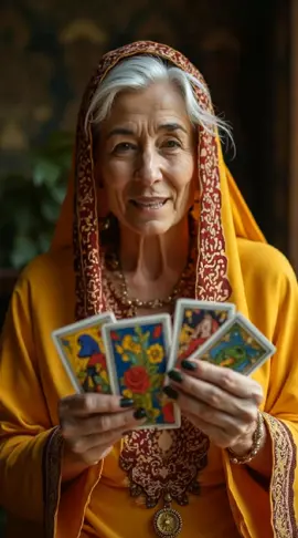 HD quality HD resolution ultra HD details, close up,a Arabic  beautiful 60 year old woman telling about future wearing a Arabic purple white color dress holding a Big tarot cards  in both hands,