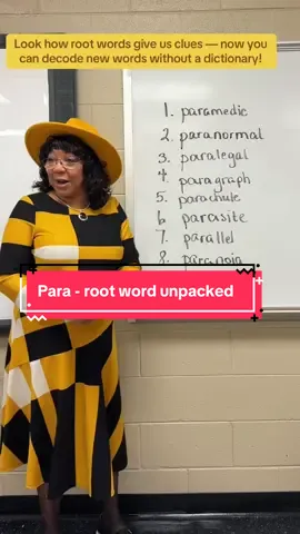 What do parachute, paralegal, and paramedic all have in common? The prefix para- means “beside” or “alongside.” In this lesson, my 7th graders English students and I explore how understanding root words like para- helps us unlock the meaning of unfamiliar words in any context. Studying root word knowledge = English vocabulary power! We’re learning.  #PrefixLesson #RootWords #Para #VocabularyEnglish #ESLLesson 