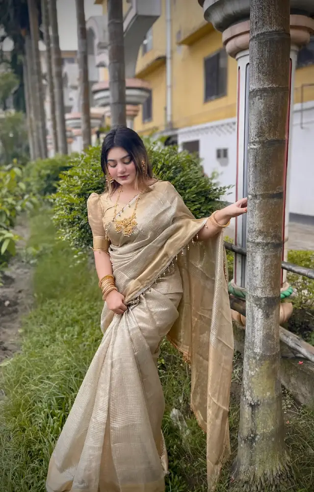 “সোনালি আভায় জ্বলুক প্রতিটি মুহূর্ত… রাজকীয় ছোঁয়ায় এই শাড়ি আপনার সৌন্দর্যের প্রতিচ্ছবি।” 💫
