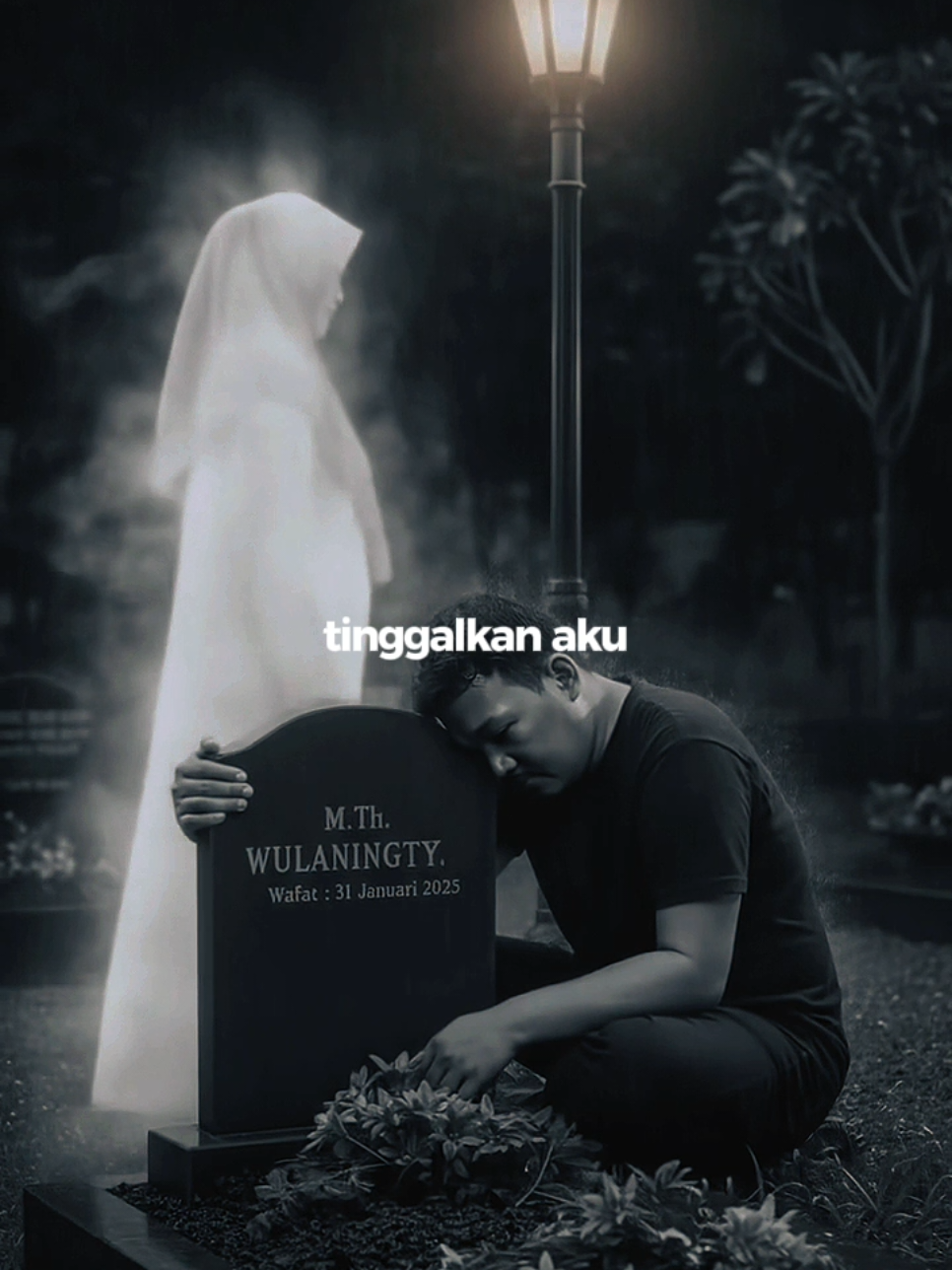 Gabungkan dua foto ini menjadi Sebuah foto dramatis dan emosional bergaya fotografi hitam-putih, suasana malam yang gelap di bawah hujan deras. Seorang laki-laki duduk di bawah dan bertumpu di samping makam dengan rumput taburan kembang tujuh rupa (jangan duduk di atas makam) sambil bersandar kepala di batu nisan sang ibu dan sambil memeluk batu nisan dan di batu nisan itu tertulis 