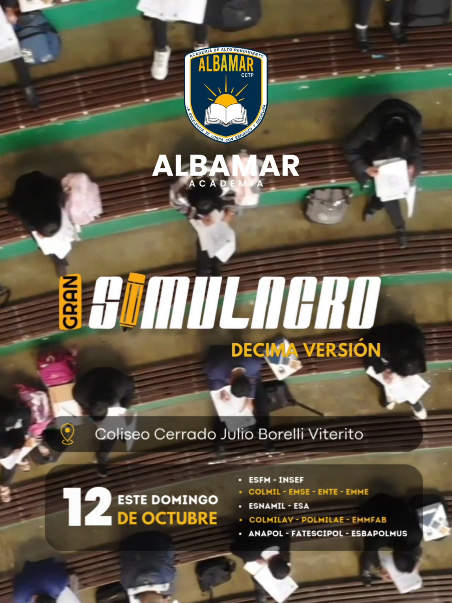 📅 Este 12 de octubre vivirás la experiencia más decisiva de tu preparación: 🔥 La DÉCIMA VERSIÓN del GRAN SIMULACRO 🔥 Pruébate y mide tu nivel académico 🤓📚 👮‍♂️👨🏻‍✈️ 1. Instituciones Militares y Policiales 👩🏻‍🏫👨🏻‍🏫 2. Escuelas Superiores de Formación de Maestros 📍 Coliseo Cerrado Julio Borelli – La Paz 🕘 Hora: 09:00 am 💵 Costo: 20 Bs ⚠️ ¡Cupos limitados! 📌 MAYOR INFORMACIÓN: 🪀 SEDE EL ALTO 📞 62499926 📍 ¡Nos encontramos en El Alto, Multicentro CEIBO, piso 2, de. 12A! 🪀 SEDE LA PAZ 📞 62499924 📍 ¡Nos encontramos en Plaza Uyuni al lado de Mega Burguer 💬 “La excelencia se logra con esfuerzo y disciplina” 💪 YO SOY ALBAMAR #Albamar #Simulacro2025 #Postulantes2026 #ESFM #POLMIL #ANAPOL #Militares #Policías #ElAlto #lapaz_bolivia🇧🇴 #Bolivia #AcademiaAlbamar #FormaciónDocente #ExamenSimulacro #YoSoyAlbamar #EducaciónBolivia