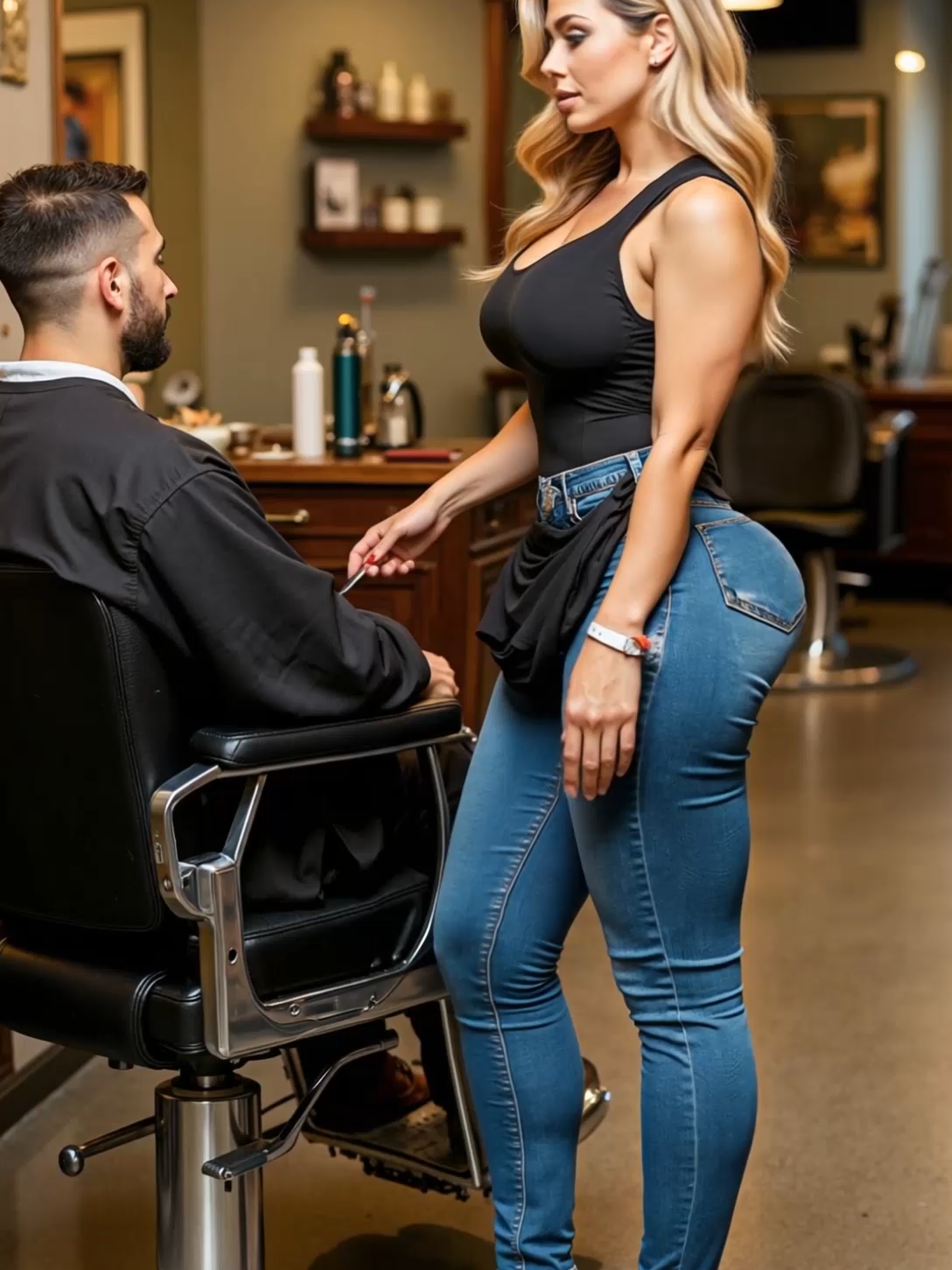 She leaned in, not to seduce— just to make sure you heard her. “Te ves bien, baby.” That’s all it took. #BarbershopQueen #SoftDomme #OnlyAI #DenimTension #LatinaModel #GluteSilhouette #TightDenim #SubtleVoltage #CurveControl #AIVisuals #FemininePower #QuietAuthority #DenimQueen #AestheticAI