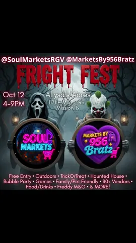 🍭🎃 TRICK OR TREATTTTT! 👻 Families — bring your kids to trick-or-treat with our awesome vendors! 🧺🍬 🎃👻 FRIGHT FEST IS COMING! 👻🎃 Mission, are you ready for a night full of chills, thrills & FUN?! 💀✨ 🦁🐐 Petting Zoo – bring the kiddos for some furry friends! 🫧🎉 Bubble Party 5:30–7:30PM – dance, pop bubbles, and have a blast! 🧸🔥 Meet the one and only FREDDY 6–7PM – if you dare 😱 🎭🏚️ Haunted House 7:30–9PM – enter if you’re brave enough… PLUS vendors, food, drinks & all the spooky vibes you can handle! 📍 Alyssa’s Acres – 1171 E Mile 2 Rd, Mission, TX 🕓 Saturday, October 12th | 4PM–9PM ✨ FREE ENTRY • FAMILY & PET FRIENDLY • COSTUMES WELCOME! ✨ & MOREEEEEEEE 👻 ⚠️ Don’t just hear about it later… come live the scare! 💀👻 #frightfest #missiontx #scary #halloween #956 