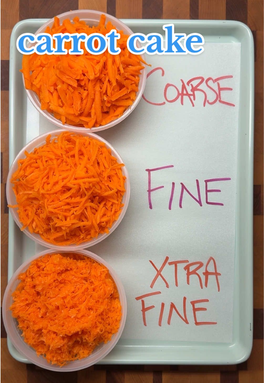 How To Shred Carrots for Carrot Cake Carrot Cake (yield: two 8-inch rounds) 1½ cups (300g) granulated sugar ½ cup (100g) light brown sugar 4 large eggs, room temperature 1¼ cups (250g) vegetable oil 2 teaspoons vanilla extract 3½ cups (350g) coarsely/finely/xtra finely shredded carrots (from approximately 1 pound of carrots) ¾ cup (189g) strained, crushed pineapple 2½ cups (350g) all-purpose flour 2 teaspoons baking powder ½ teaspoon baking soda ½ teaspoon table salt 2 teaspoons cinnamon 1 cup (113g) walnuts, chopped and toasted* 1. Preheat the oven to 350°F (180°C) and prepare two 8x3inch cake pans with nonstick baking spray and a circle of parchment paper on the bottom. 2. Add the sugars and eggs to the bowl of a stand mixer fitted with the whisk attachment. Start by mixing on low speed until all the ingredients are combined, then turn the speed up to medium to medium-high and whisk until the mixture has thickened and nearly tripled in volume (7 to 10 minutes). 3. With the mixer running, slowly stream in the oil. 4. Remove the bowl from the mixer and, using a silicone spatula, mix in the vanilla, pineapple, and carrots. 5. In a small bowl, whisk together the flour with the dry ingredients to evenly disperse the leaveners in the flour. Add to the mixing bowl along with the walnuts and mix just until combined. 6. Divide evenly between the two cake pans and bake for 40 to 45 minutes or until a toothpick inserted in the center comes out with a few moist crumbs attached. 7. Remove from the oven and let cool in the pan for 10 minutes before flipping out onto a baking rack to cool completely. *Toast walnuts by spreading them out in a thin layer on a sheet pan and baking at 350°F (180°C) for 5 to 10 minutes or until fragrant. #baking #cake #LearnOnTikTok 
