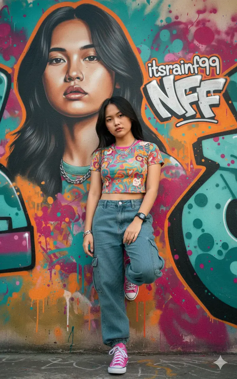 สร้างรูปภาพจากai เอไอทำถึง💯🔥 1.เข้าแอป Gemini  2.อัพโหลดรูปภาพ 3.พิมพ์ prompt คำสั่ง 👇 สร้างภาพถ่ายพอร์ตเทรตเต็มตัวสมจริงแบบ cinematic, photorealistic, มุมกล้องต่ำเล็กน้อย (ระดับอก-เอว). ใช้ใบหน้าอ้างอิงจากภาพแนบ 100% — ห้ามเปลี่ยนโครงหน้าและลักษณะใบหน้า ใบหน้าและทรงผมต้องเหมือนต้นฉบับทั้งหมด. ผู้ถูกถ่ายสวมเสื้อยืดหรือเสื้อครอปสีสันสดใสแบบอินดี้, กางเกงคาร์โก้หลวม, รองเท้า Converse สีสดใส, สร้อยคอเงิน, สร้อยข้อมือเงินข้างหนึ่ง และนาฬิกาสีดำอีกข้าง. ท่ายืนผ่อนคลาย มั่นใจ: ยืนสบาย ขาข้างหนึ่งวางกับกำแพง. ฉากหลังเป็นกำแพงกราฟฟิตี้สี มีพอร์ตเทรตขนาดใหญ่ของผู้ถูกถ่ายเหนือศีรษะในสเกลสมจริง พร้อมคำว่า 