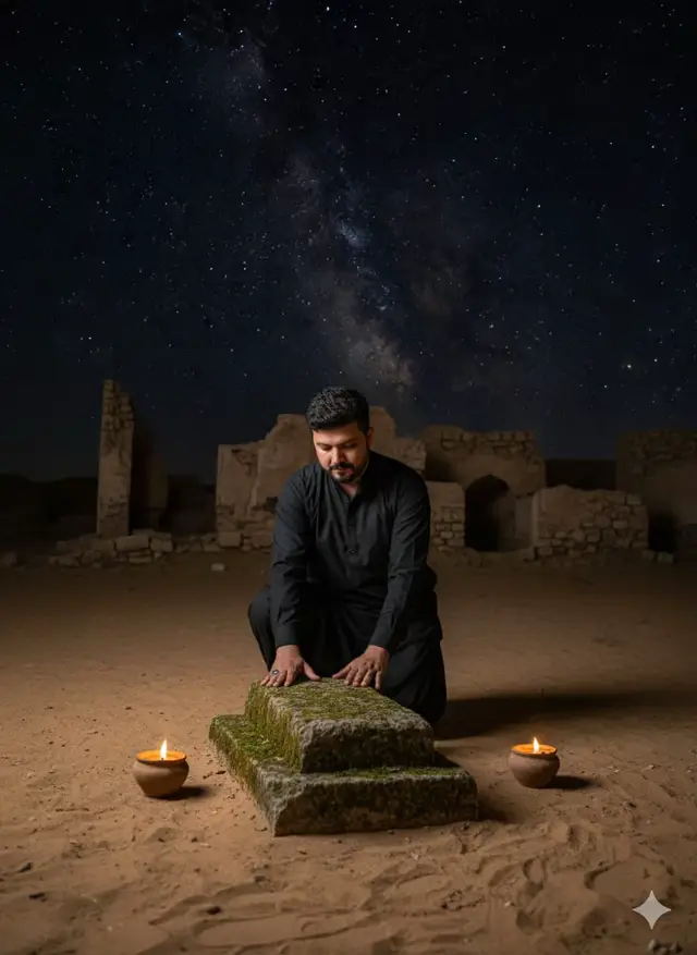 A realistic photo of a man standing beside a grave at night, lighting small oil lamps on the grave. Several lamps are glowing on the grave, casting warm light on the scene. The man is dressed in black clothes,sitting near grave and doing dua. The background shows a stone wall and sandy ground under the night sky. Keep the man’s original face unchanged, natural and realistic make a picture he is lighting diya on this grave without shoes at night.#foryou #fypシ゚ 