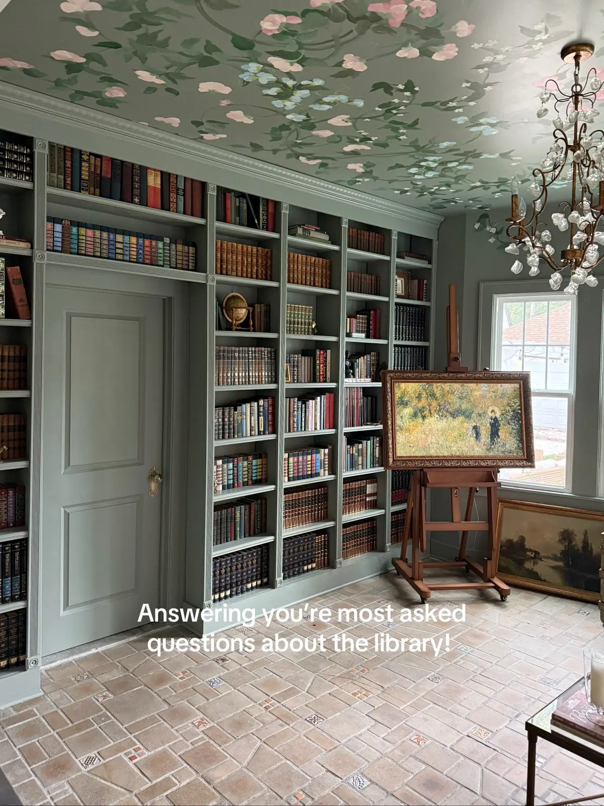 The moment I walked into our house, I knew I wanted this room to be a library! Now, a little less than two years later it’s finally a reality. I wanted it to look like this library/bookshelves has always been a part of the house. Thanks to @Liz Taylor Ball for the amazing mural!  Next up is adding a new couch, rug and drapery!  Let me know if you have any other questions in the comment 🤍