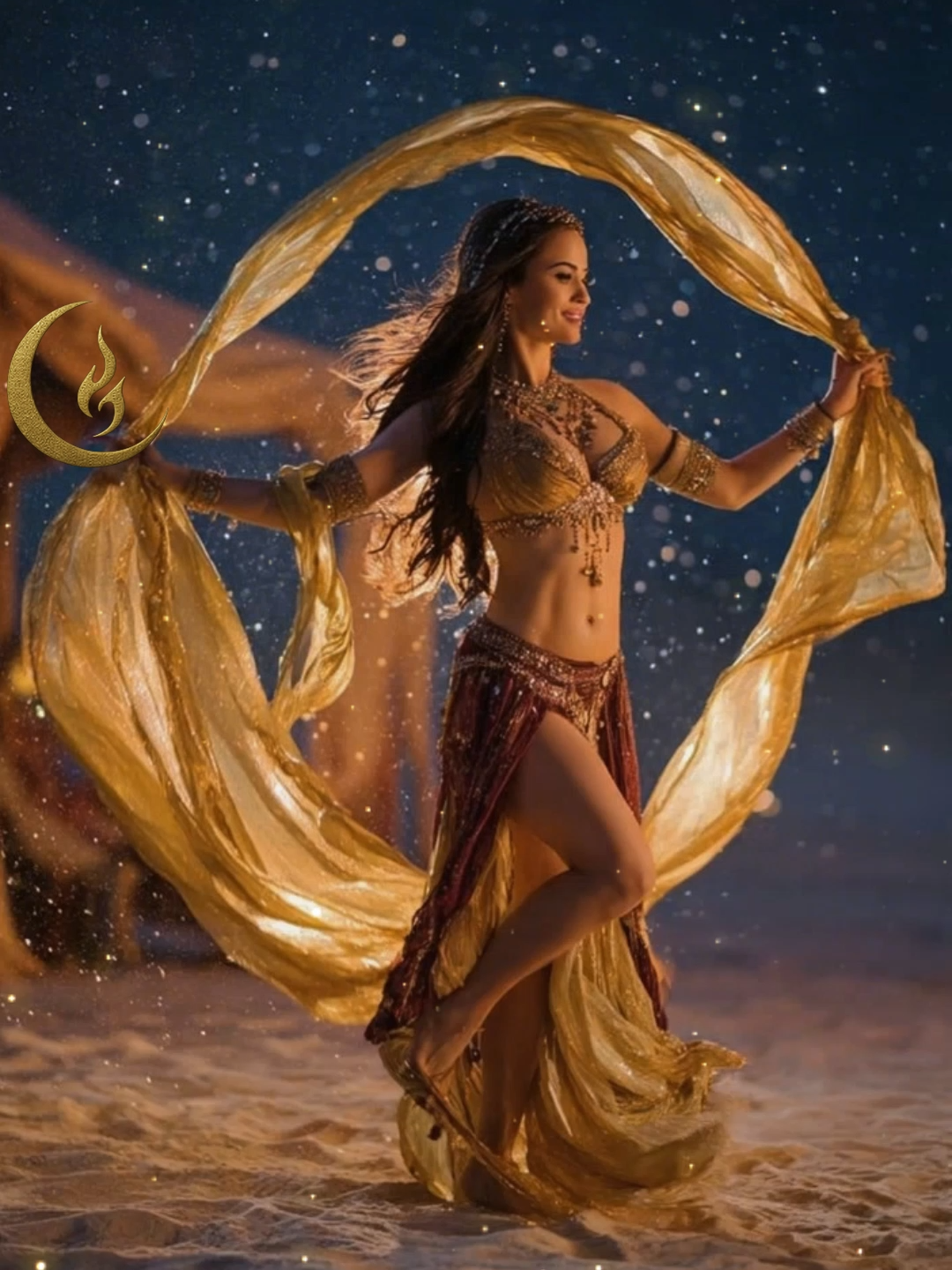 🌕 “Beneath the moonlight... none dare look away.” Every motion she makes weaves a spell of gold and shadow, and every gaze falls captive to her midnight charm. #EchoesOfFantasia #MoonlitDancer #MysticDesert #FantasyCharm