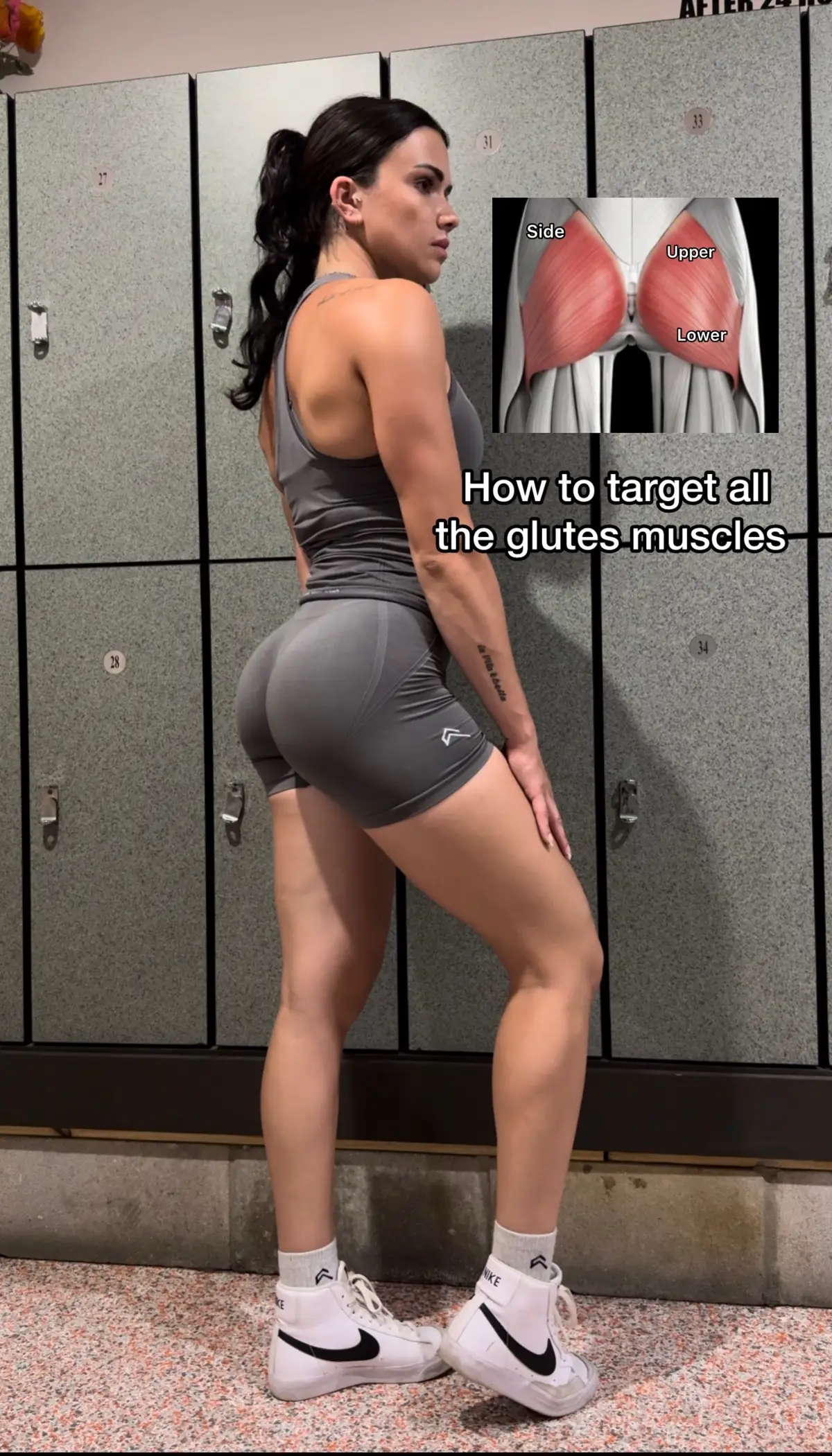 The glutes can be divided into the glute max, medius and minimus.  The glute Maximus is responsible for hip extension and has an upper and lower section.  Upper does horizontal hip extension like hip thrusts, bridges, 45, GHR…  Lower does vertical hip extension like rdls, leg press, split squats, lunges…  The glute medius and minimus work together to primarily do abduction. This looks like side kicks, kickbacks and abduction variations like the seated abduction. There will be some overlap between upper/side glutes!  Happy glute building!! #glutes #gluteworkout #sideglutes #upperglutes 