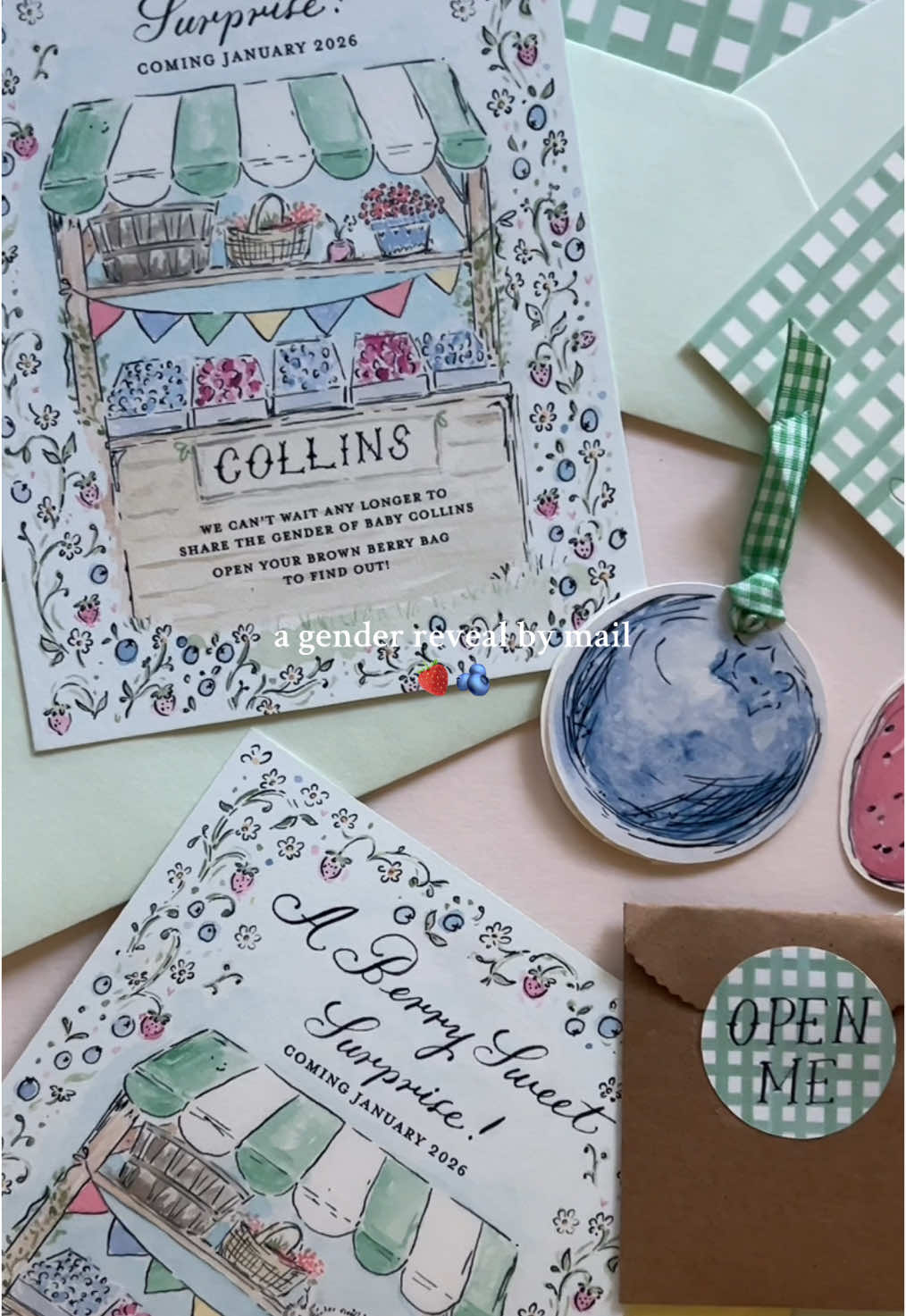 a berry sweet surprise in the mail🍓🫐 these were our gender reveals we sent to family and friends in the mail! I made them available to you all, customizable, with a blueberry or a strawberry and an option with flowers instead of our cat sleeping in the berry stand 🌻 #genderreveal #nursery #nurserydecor #babyshower #illustration #itsaboy #itsagirl 