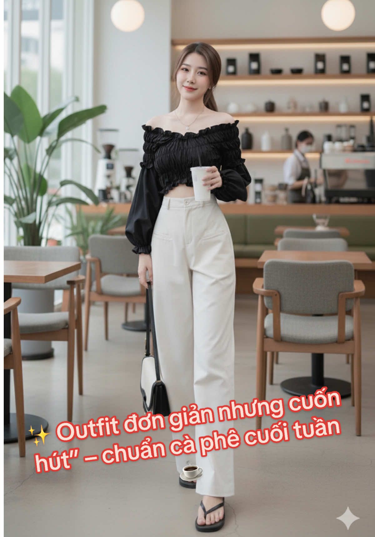 👉 ✨ Outfit áo trễ vai tay phồng mix quần trắng suông, tôn dáng cực đỉnh mà vẫn thanh lịch 🩶.                   ⭐ Minime style: tối giản – tinh tế – hack dáng tự nhiên 🎀.                            #outfitbasic #outfitnu #outfitxuhuong #setxinh #minimecloset