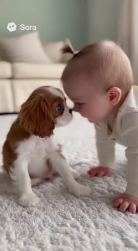 キャバリアと赤ちゃんのキスが可愛すぎる🐶