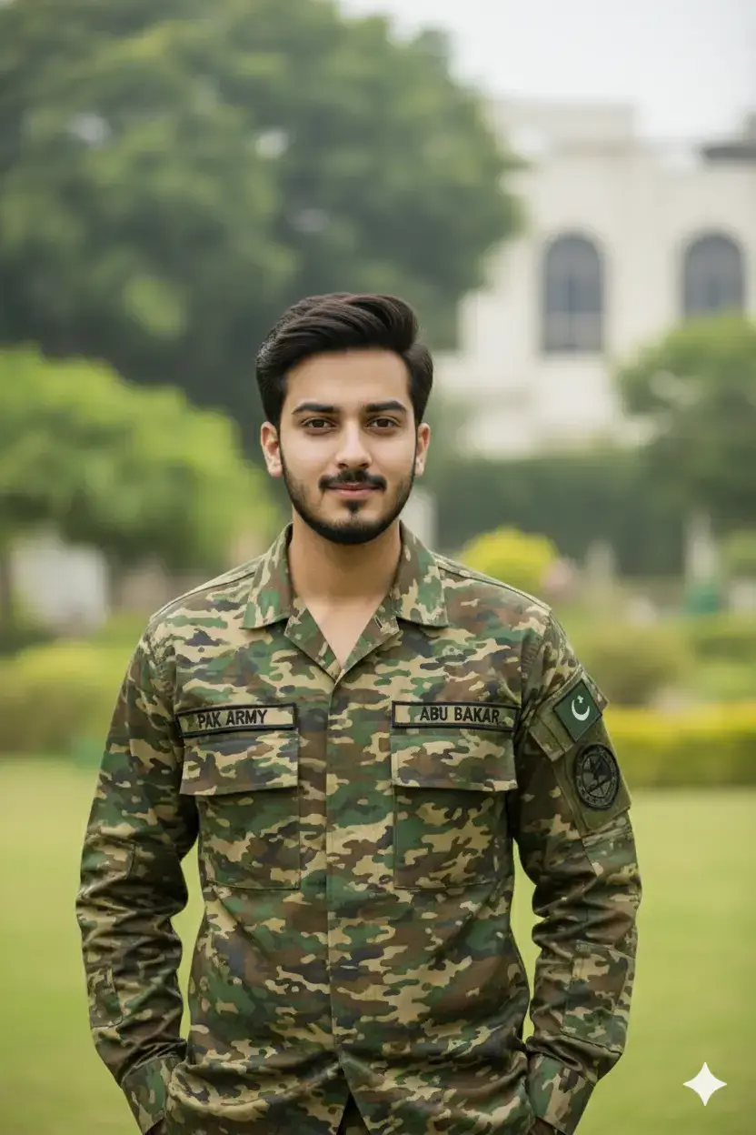 bubu 🥹 prompt :Close-up shot of a young Pakistani man (or Pakistani Army officer) with a clean-shaven face and a neat, thick, black, side-parted hairstyle. He is wearing a Pakistan Army Multi-Terrain Pattern (MTP) camouflage combat uniform (shirt only is visible). Uniform Aur Rank: The uniform features standard patches: a name patch ('UMAIR') and a 'PAK ARMY' patch. His rank insignia, placed centrally on the chest, clearly shows three black pips (stars) representing the rank of Major. A Pakistan flag patch is visible on the sleeve. Pose Aur Accessories: The man is wearing black aviator sunglasses. He is looking slightly down and to the side, away from the camera. His both hands are visible near his stomach/waist, as he is meticulously looking down and adjusting/checking the large-dial silver wristwatch on his left wrist. The pose is professional and contemplative. Background Aur Lighting: An outdoor setting under bright daylight, suggesting a slightly hazy or midday atmosphere. The background is an arid/hilly military area, featuring a rocky, light brown/beige slope covered in sparse green vegetation in the distance, and rough-hewn stone/concrete barrier or wall in the immediate foreground. The lighting is natural outdoor light which creates a professional, somewhat rugged military portrait look. Ek Pakistani naujawan aadmi (young man) jiska chehra aur side-parted, ghana, kala hairstyle (thick, black, side-parted hairstyle) saaf dikh raha hai. Usne safed rang ki short-sleeve shirt pehni hui hai jispar hare (green) rang ke bade cactus aur kuch likha hua hai (text print) ka design hai. Pose aur Expression: Aadmi seedha camera mein dekh raha hai jiske chehre par neutral aur halka serious expression hai. Uske dono haath kamar ke thoda upar, pet ke paas, aapas mein mile hue (clasped hands) hain. Background: Peeche ka background poora bright, solid orange rang ka hai. Aadmi ke theek peeche, doosra insaan khada hai jiska sir aur body ka gehra saya (dark shadow/silhouette) dikh raha hai, jo is baat ka ehsaas dila raha hai ki woh peechhe khada hai. Lighting aur Style: Studio lighting, High-key lighting jo chehre ko acchi tarah roshan karti hai. Tasveer mein pop art ya contemporary fashion photography ka feel hai. Vibrant colors aur sharp focus hona chahiye. Doosri Tasveer (Army Uniform wali) ka Prompt Tasveer ka Vivaran: Ek Pakistani Army officer jiske chehre par ghani dadhi (full beard) aur stylish, chhota, kala hairstyle hai, Pakistan Army ki Multi-Terrain Pattern (MTP) camouflage uniform pehne hue hai. Uniform par uske naam ki Patti 'ALI' aur 'PAK ARMY' ka patch laga hua hai. Uske shoulder (epaulets) par Major rank ke teen sitare (three major rank stars) dikh rahe hain. Pose aur Accessories: Officer side ki taraf dekh raha hai (looking to the side), na ki seedha camera mein. Uska ek haath pant ki pocket mein hai aur doosra haath, jismein brownish-red beret (Maroon/Reddish Beret) pakdi hui hai, ek kaali Honda Civic car ke peeche ke hisse par aaram se tika hua (leaning on the black car's trunk/boot) hai. Usne bade dial wali wristwatch pehni hui hai. Background: Officer ek kaali sedan car (Honda Civic) ke paas khada hai, jiska number plate aur Honda ka logo saaf dikh raha hai. Background mein bade-bade pathar ki seediyan (large stone steps) aur diwar (wall) jaisi cheezein hain, jo kisi military premises ya building ka hissa lagti hain. Din ki roshni (daylight) mein li gayi tasveer hai, jismein thodi dhoop aur shadows hain, jo ek professional outdoor military portrait wala look de rahi hai A Pakistani Army officer named 'Abu Bakar' with a neatly groomed, dark, side-parted hairstyle is seated in a dark, high-back leather office chair behind a polished . He is wearing a Pakistani Army Multi-Terrain Pattern (MTP) camouflage uniform with the name 'Abu Bakar' over the right chest pocket and the 'PAK ARMY' tab and Pakistan flag patch over the left chest pocket. He has three stars (major rank insignia) on his epaulets #Google #Gemini #trending #photographer 