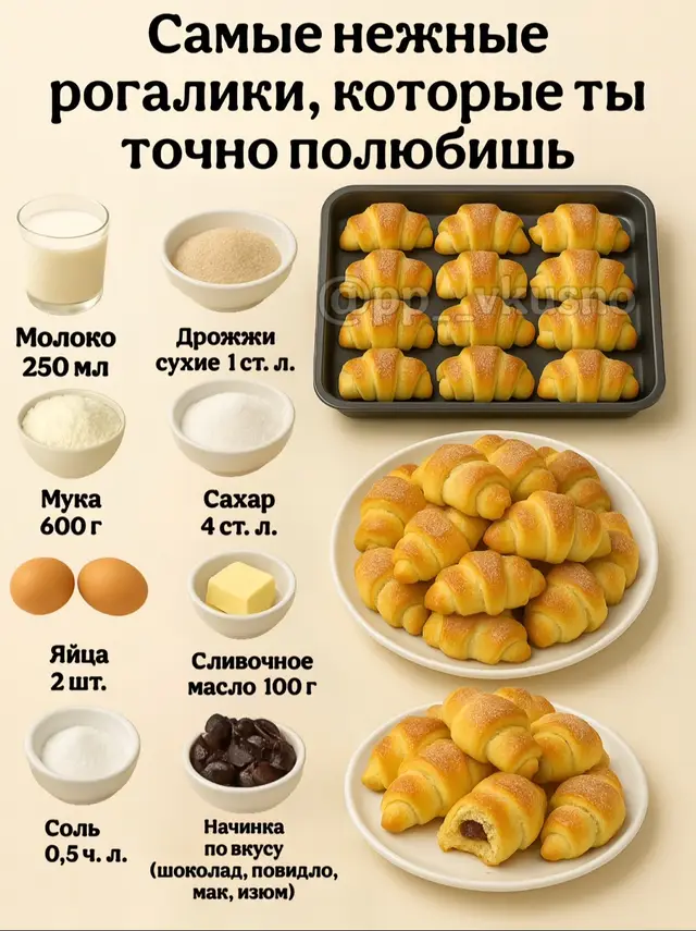 Сохраняй, чтобы не потерять, и обязательно попробуй, это очень вкусно 😋 Благодарю за ❤️ и поддержку 🙏 Ингредиенты: Молоко — 250 мл Дрожжи сухие — 1 ст. л. Сахар — 4 ст. л. Яйца — 2 шт. Масло сливочное — 100 г Соль — 0,5 ч. л. Мука — около 600 г Начинка (шоколад, повидло, мак, изюм) — по вкусу Сахар для посыпки Приготовление: В тёплом молоке растворить сахар и дрожжи, оставить на 10 минут. Добавить яйца, соль, растопленное масло и постепенно всыпать муку. Замесить мягкое тесто. Накрыть и оставить подходить на 1 час. Тесто разделить на части, раскатать круги и нарезать на треугольники. На широкий край положить начинку и свернуть рогалики. Выложить на противень, смазать яйцом, посыпать сахаром. Выпекать при 180 °C около 20–25 минут до золотистости. Мягкие, ароматные и долго не черствеют! Приятного аппетита 😋  🤗 Друзья, если рецепт был вам полезен, оставьте в комментариях любой смайлик 💚 — это лучшая благодарность за мои старания 😊