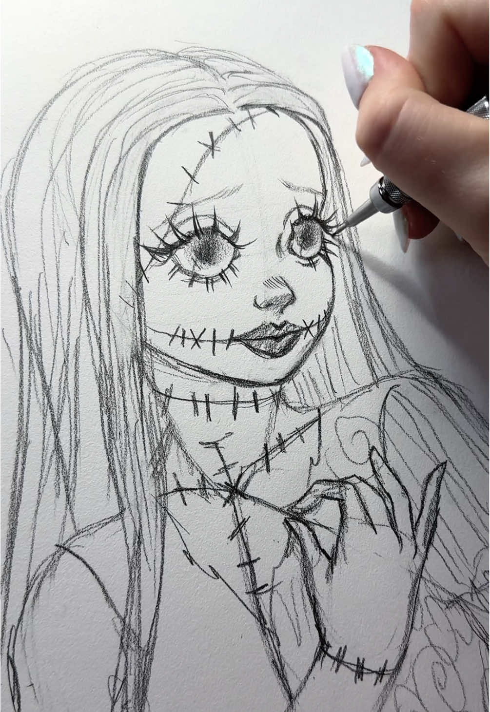 Sally sketching practice 🧵🪡 I drew Jack last year so I’m planning to do Sally this year! Still uncertain whether or not to give her eyebrows in the final colored version! #art #drawing #sketch #sally #nightmarebeforechristmas 