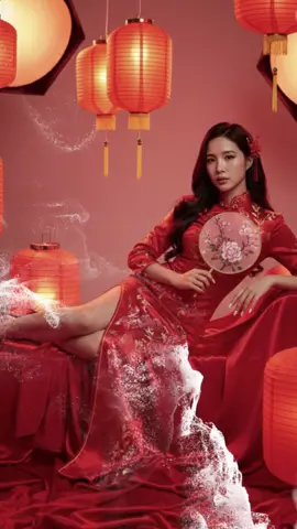 The Power of the Red. Prompt:  Create an image of this woman, replicate her facial features as realistically as possible. Chinese model, 8K realism. Reclining in a red gown among lanterns, wearing a sexy cheongsam, dancing while holding a flower fan. Studio lighting with warm red tones, cinematic 9:16. Composition, fashion, editorial style. she sits among lanterns, one leg elegantly crossed, with a red hairpin in her hair, and a flower fan lightly held in her hand. She looks confidently at the camera with sharp focus. The gown flows around her, surrounded by glowing lanterns.#CapCut #gemini #xuhuong #tiktokviral #geminigoogle 