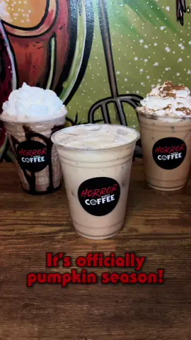 It’s officially pumpkin season! Try one of our pumpkin drinks today!!!!!  We have a selection of three different pumpkin drinks to quench your bloodthirsty taste buds: Amityville Chiller, The Night Chai, and Lloyd’s Harvest 🎃🎃 #HorrorVibesCoffee #PumpkinSpice #PumpkinSeason #Coffee #Halloween 
