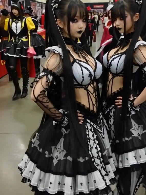 Two fictional cute gothic girls at a fictional convention. 🥰 ... a contribution to the @PixVerse Story Extension Challenge.  #asianbeauty #aibeauty #gothiclolita #pixverseextend #PixVerseExtend 