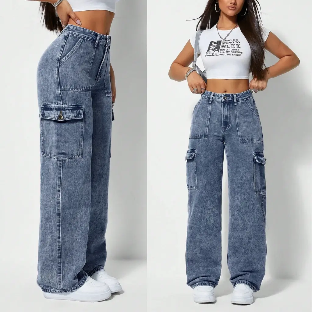 Calça Cargo Jeans Feminina Bolso Lateral Cintura Alta  Wide Leg Pantalona  por R$69,90 - R$89,90.  link na bio 🔗  #calcajeans #calcajeansfemenina #modafemenina #modaentiktok #moda2025 