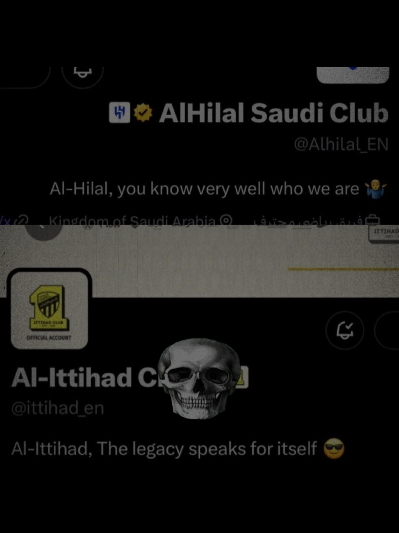 حديثين النعمة :  تغيير بايو الاندية !! ‎#الاهلي : بطل اسيا وبطل السوبر السعودي 🏆 ‎#النصر : متصدر الترتيب ... ‎#الهلال : انت تعرف الهلال جيدًا 🤷‍♂️ ‎#الاتحاد : الارث ... الذي يتحدث عن نفسه 😎