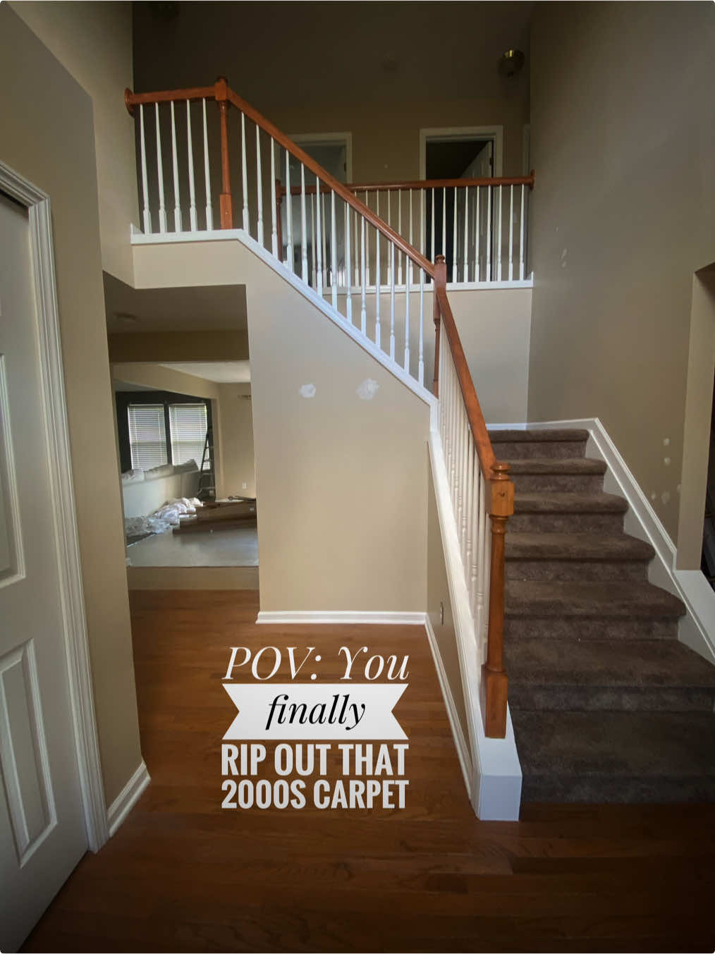 This stairway was stuck in the 2000s… so I gave it a fresh start 👏✨  This stairway was living in the 2000s — carpeted, dated, brown, and dark. I decided to give it a complete DIY refresh: ripped out the carpet, pulled up what felt like a thousand staples, painted everything for a crisp new look, added stair treads that already matched my LVP floor, and swapped in sleek iron spindles. Now it feels bright, modern, and completely transformed. Follow for more DIY home updates and before-and-after reveals that prove you can do it yourself! #stairmakeover   #diyhomeimprovement #beforeandafterhome #homerenovation  #homeentrance 