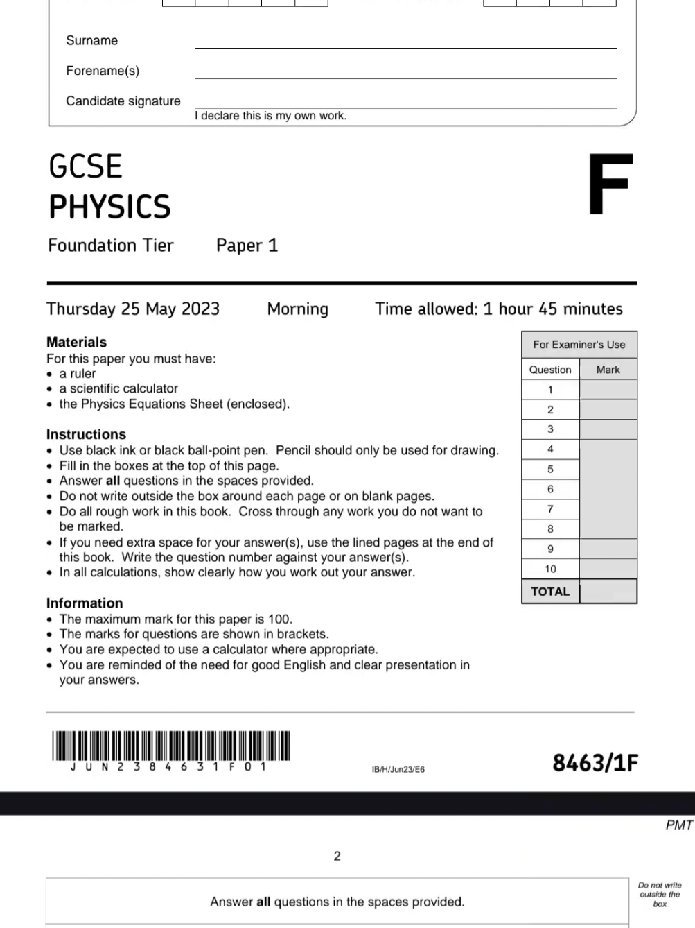 PHYSICS PAPER 1 FOUNDATION 2023 COMBINED (Will come in ur MOCKS)