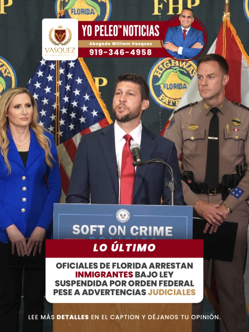🚨 En Florida siguen arrestando inmigrantes bajo una ley que ya fue suspendida por una jueza federal. El fiscal general James Uthmeier está en desacato civil por ignorar la orden, y ya van más de seis arrestos ilegales desde junio. ⚖️ Si te detienen bajo esta ley, habla con un abogado de inmigración de inmediato. 📞 1-844-967-3536 (1-844-YO-PELEO™) 🌐 Yopeleo.com #Florida #Inmigracion #YOPELEO #DerechosHumanos #VasquezLawFirm #NoticiasMigratorias #UnitedStates #Noticias #fypシ゚viral #BreakingNews #FYPAGE