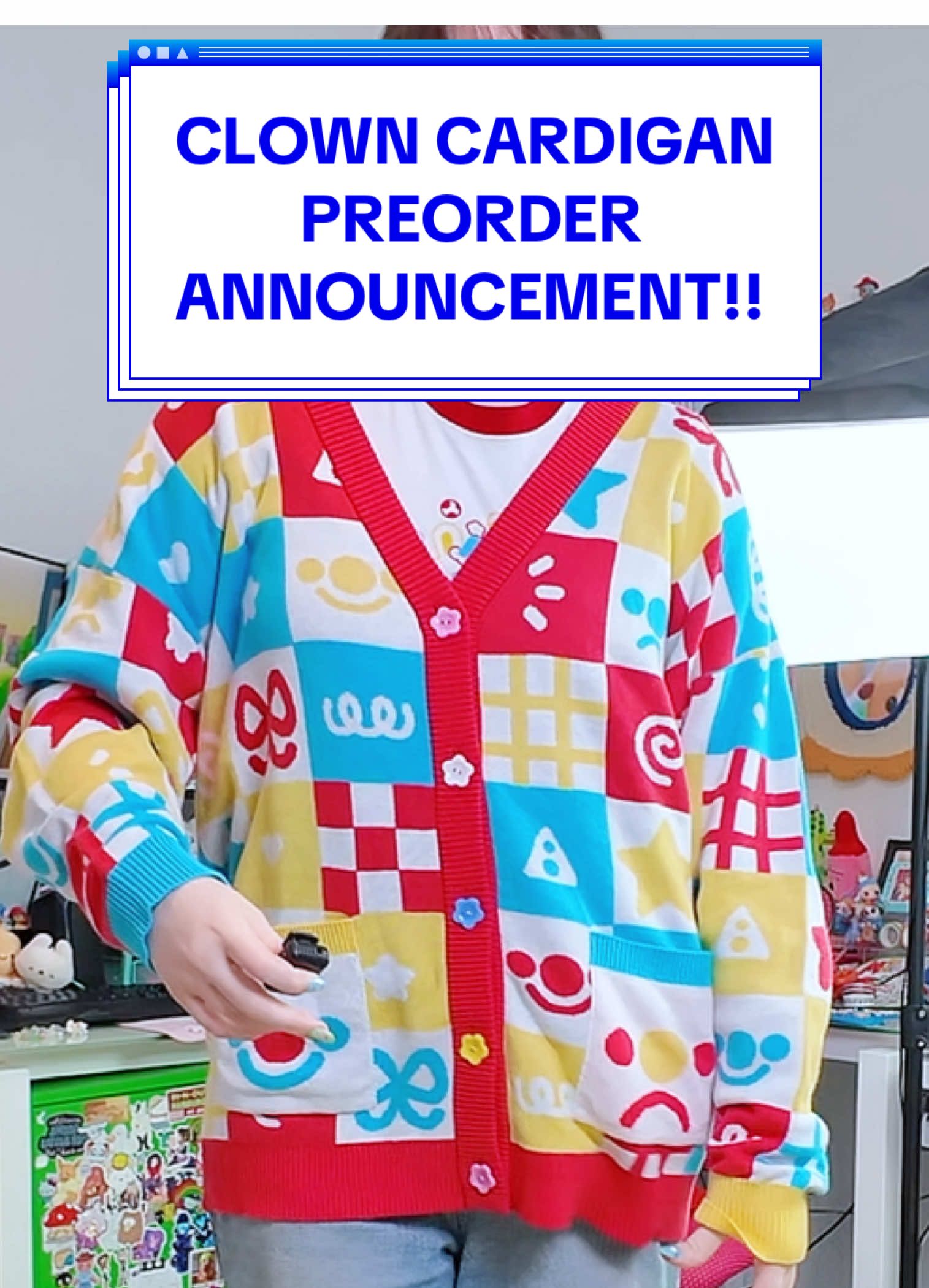 Replying to @Milky Tomato CLOWN CARDIGAN PREORDER LAUNCHES ON OCT 9TH ON Milkytomato.com!! My shirt in the video is from @Kit🌿 btw!! Lmk what cardigans I should make next!! #cardigan #preorder #clown #SmallBusiness #newproduct 
