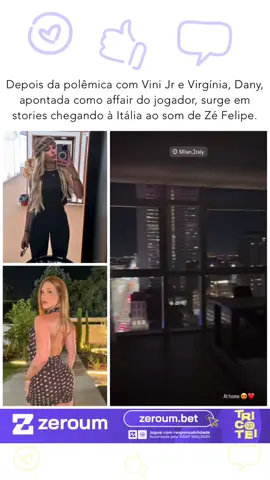 Em meio às especulações de um possível affair com Vini Jr., e polêmicas envolvendo Virgínia, a modelo Dany Magalhães, compartilhou stories chegando à Itália ao som de Zé Felipe. Dany postou stories chegando à Itália, ouvindo uma música de Zé Felipe, o que chamou a atenção dos internautas porque o cantor é ex marido de Virgínia Fonseca. 📽️ Imagem/Reprodução | Instagram