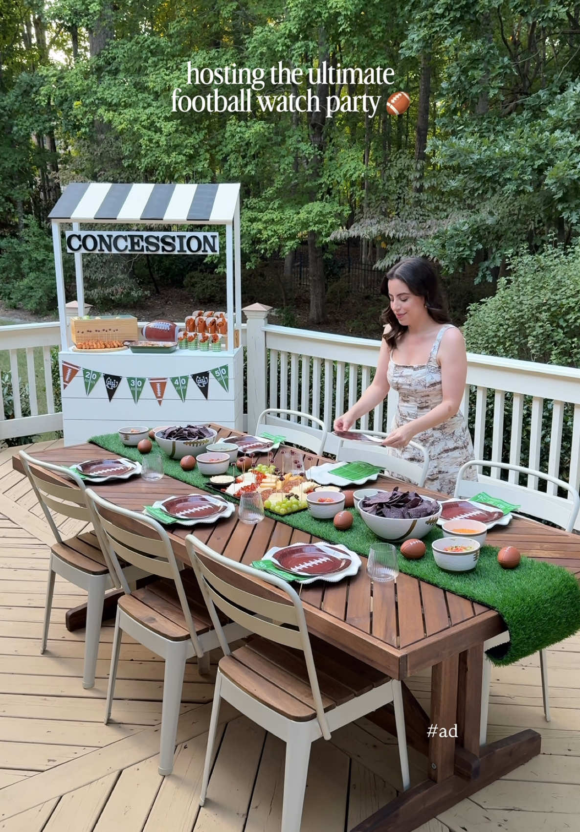 This is how I turn our backyard into the ultimate football watch party  I set the table with simple football touches and pulled together a full concession stand with all our favorite @Wegmans appetizers and snacks. I love that Wegmans makes hosting so easy, you get the convenience, the quality, and everything you need in one stop. Now we’re all set to grab our plates and enjoy the game outside by the projector  #WegmansPartner #Ad