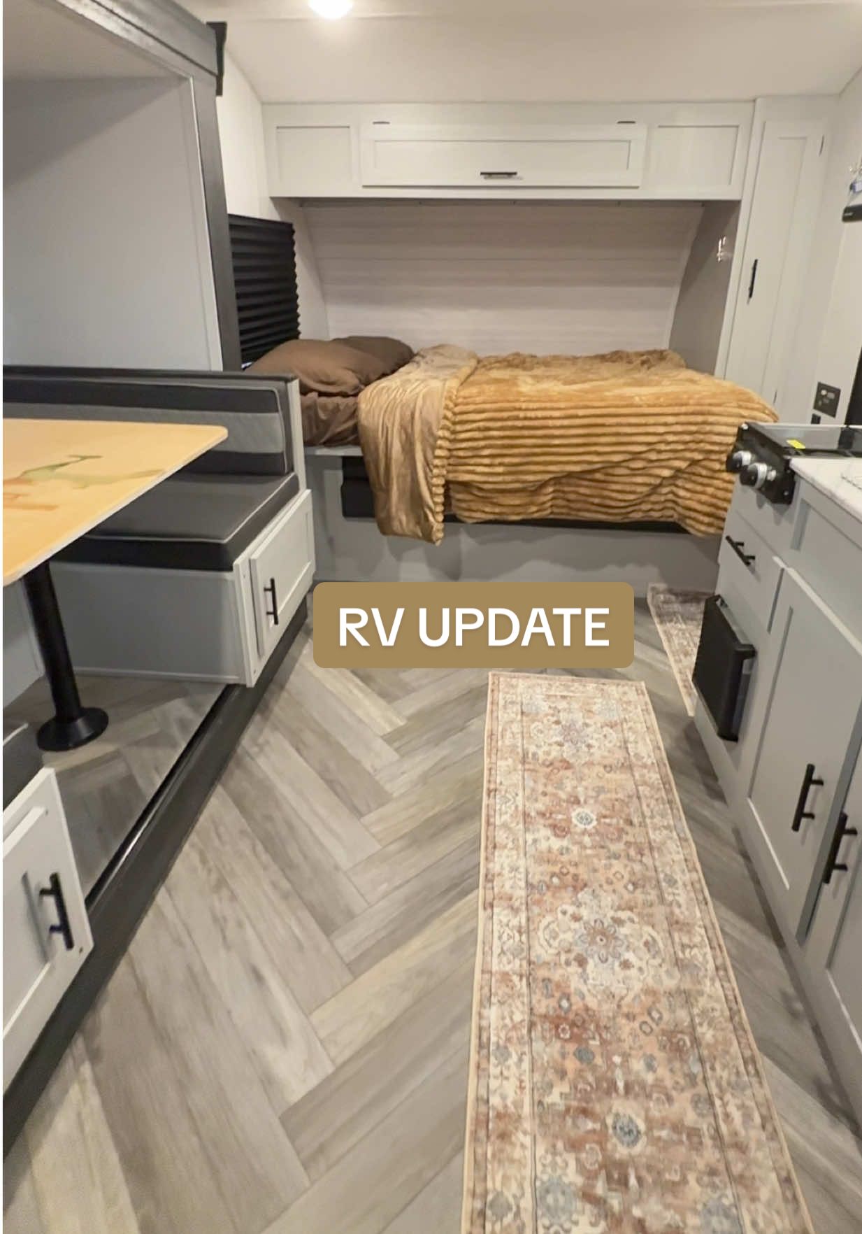 Slowly making this RV our home away from home 🥰 What color do you think I should paint the cabinets?!  #rv #rvlife #rvmakeover #homeawayfromhome #rvtiktok 