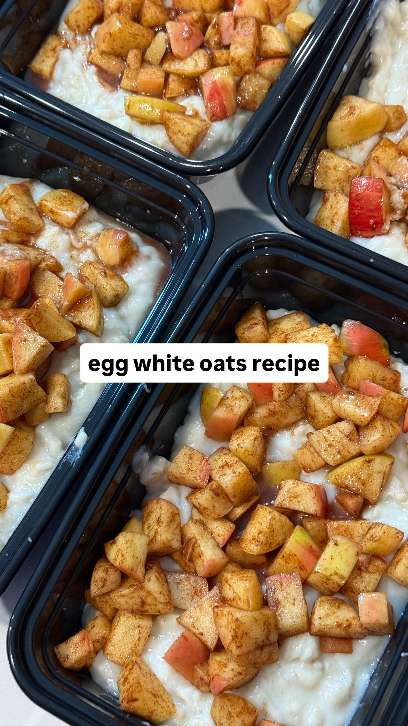 Ingredients:  - 800 g egg whites - 1500 g water - 150 g old fashioned oats  Steps: 1. Add oats + water to a pot 2. Bring to a boil, let it boil for about 30 seconds, then reduce the heat to a simmer 3. Let oats simmer until they get super thick (I usually wait 1.5-2 hours  4. Bring back to medium/high heat 5. Add egg whites while whisking (if you don’t whisk, you will end up with scrambled eggs in your oats)  6. Whisk until it thickens 7. Enjoy  1 serving = about 380 g 102 calories 4.6 carbs 0.6 fat 18.1 protein  ✨ the oats don’t taste like much! Add vanilla, maple syrup, honey, cinnamon, or whatever spices speak to you to liven up the flavor. I don’t add anything to my base recipe, but I do add about 200 g of honey crisp apples with cinnamon + 30 g of peanut butter! 