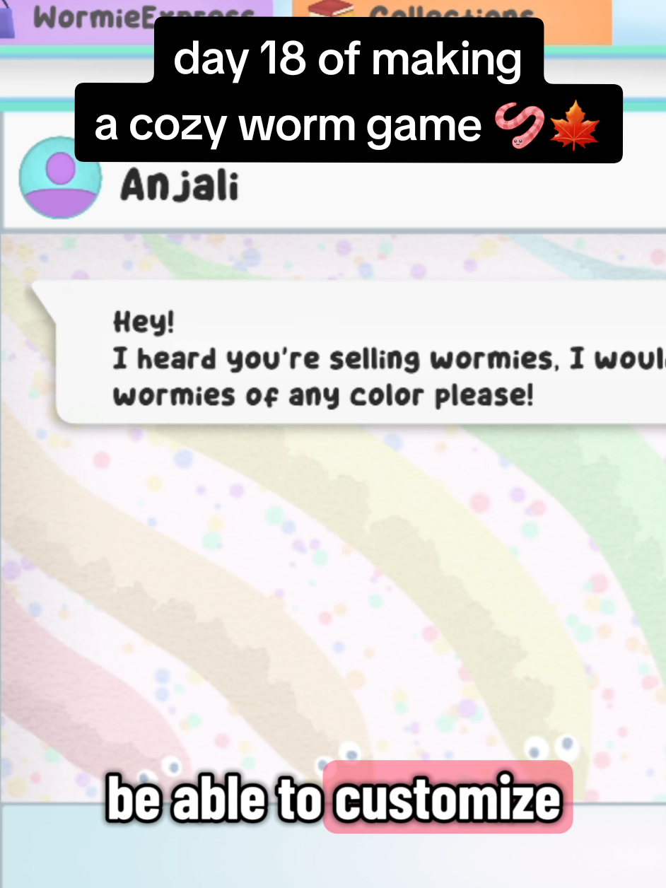 It's day 18 of making a cozy worm game! Today we're introducing the wormie messenger app, wiggler! Here you'll be able to receive orders from NPCs. We'll be working on wormie express and the collections UI next Follow for more wormies! #gameart #indiegames #indiedev #gamedev #cozygames 